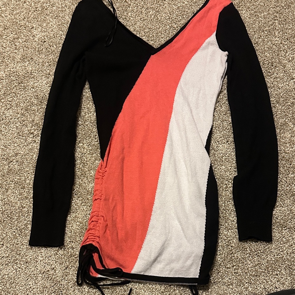 Guess V-Neck Sweater Dress in Black, Red, and White